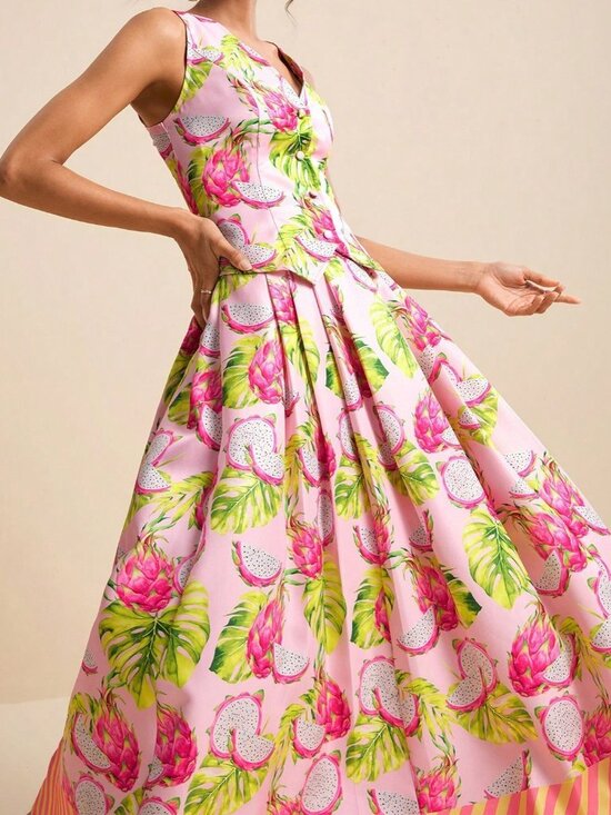 MODA ME COUTURE Tops - Pink Boho Women's Dragonfruit Tropical V-Neck Sleeveless Top & Skirt 2-Piece Set